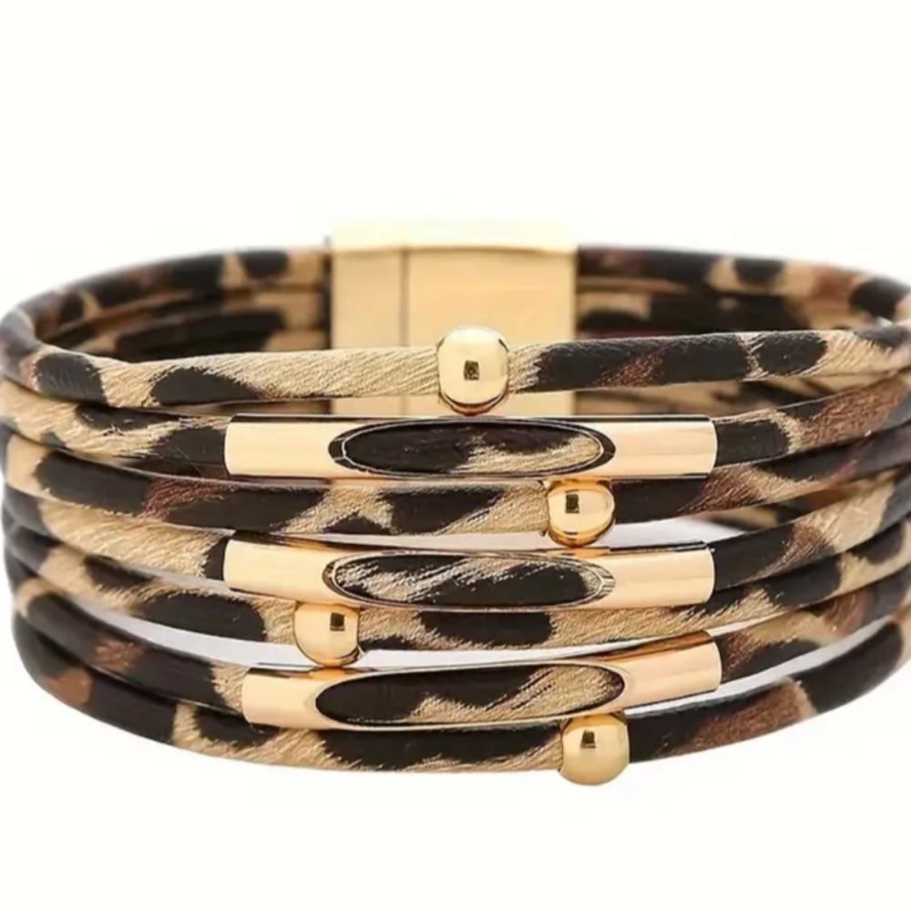 NEW‎ Leopard Print Gold Chunky Magnetic Gift Bracelet-(#0151)